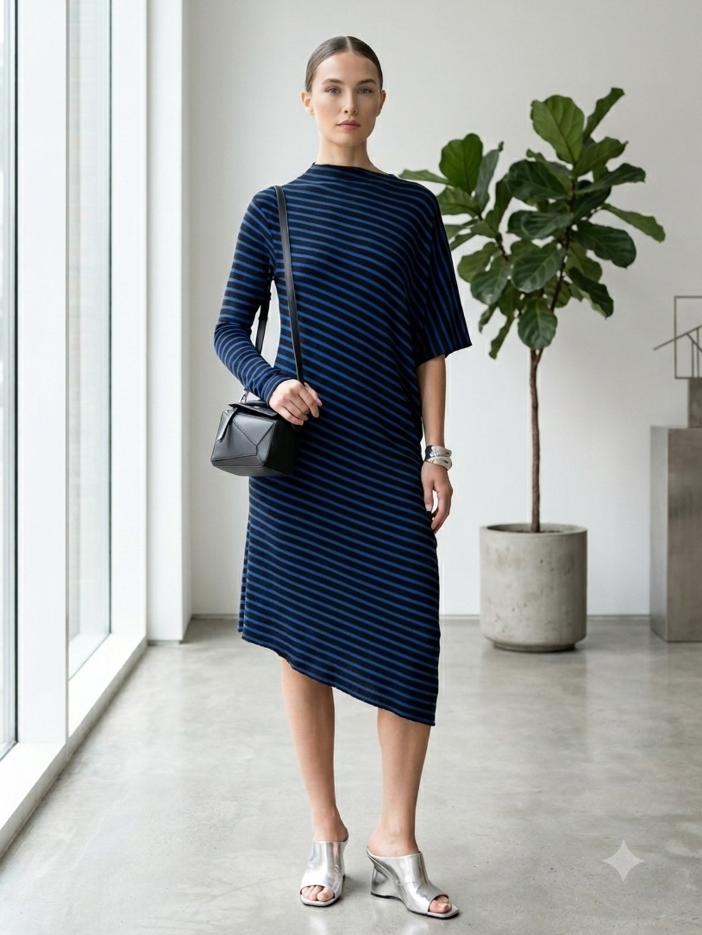 complexgeometries Black & Blue Striped Asymmetrical Avant-Garde Dress - One Size